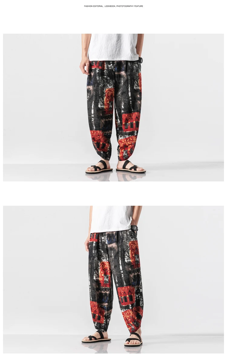 5XL Plus Size Cotton Linen Harem Pants Men Jogger Casual Pants Male Print Retro Trousers Chinese Style Y1855