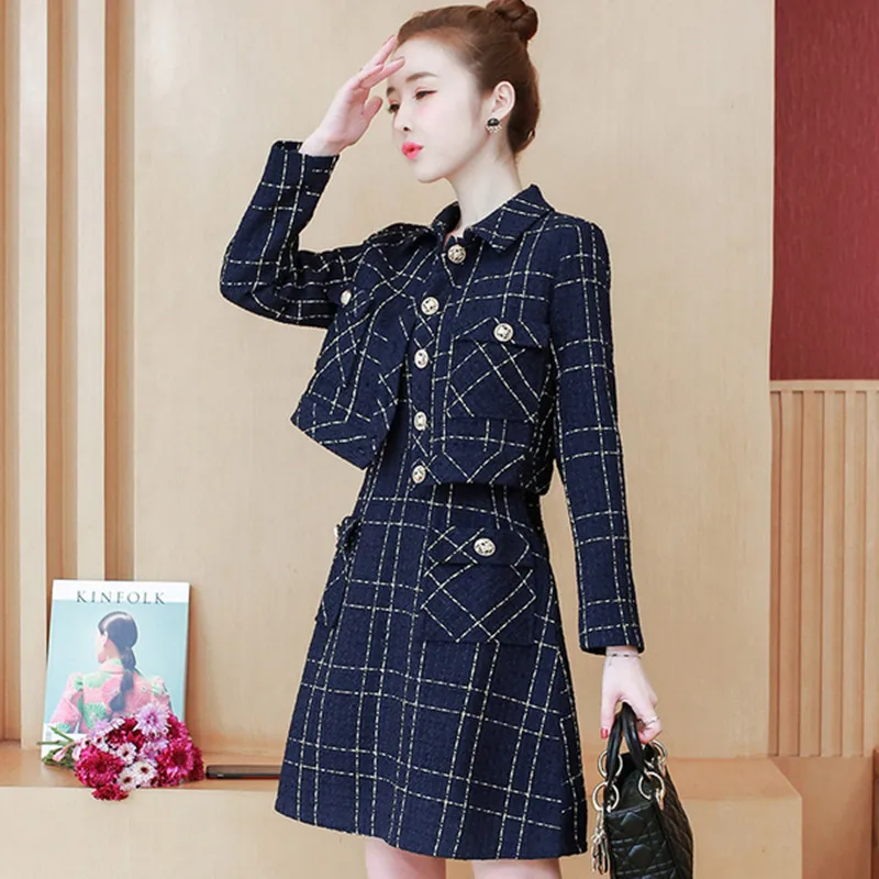 Большие размеры Tweed твид комплект из двух предметов для женщин Новая модная женская клетчатая Золотая кнопка-застежка деко куртка пальто и комплект платья без рукавов