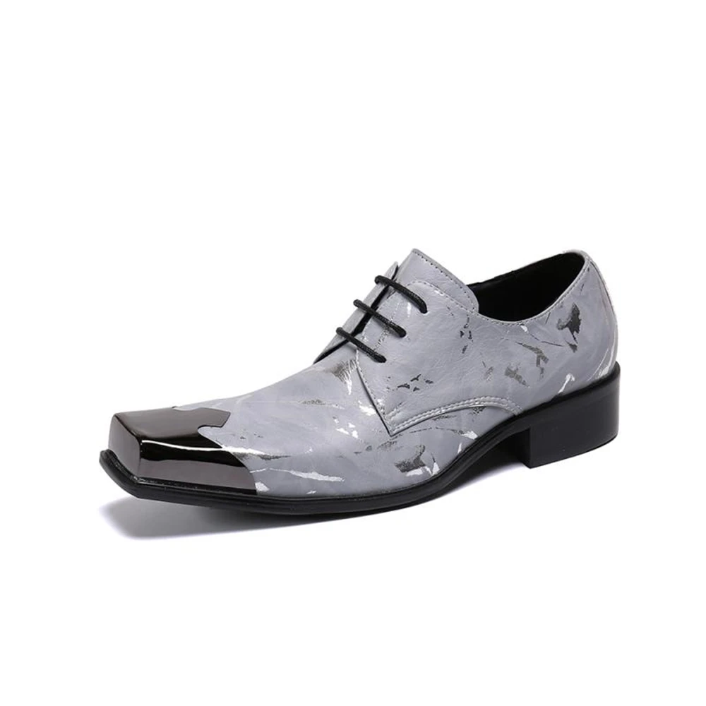 Gentleman Elegant Square Toe Grey Printed Lace-up High Heels Formal Wedding Party Man Leather Shoes