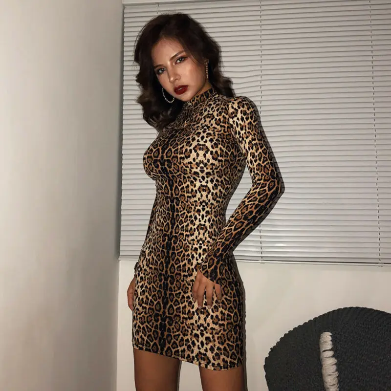 Goocheer зима осень новые женские сексуальные леопардовые печати Тонкий Водолазка с длинным рукавом Bodycon платья для вечеринок Клубная одежда
