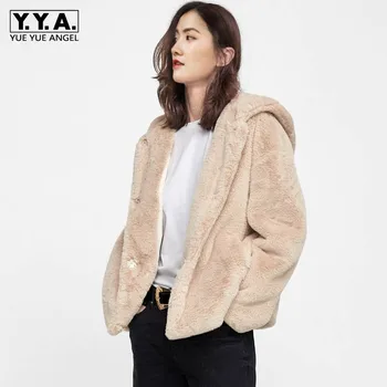 

Autumn Winter Elegant Faux Fur Coat Female Fashion Warm Long Sleeve Short Hooded Jacket High Quality Zip Outerwear Streetwear