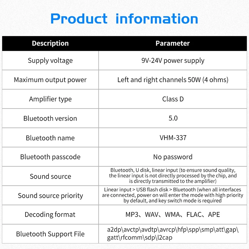 VHM337 50WX2 Mini Bluetooth 5 0 Wireless o Power Digital Amplifier Board Stereo Amp DC 9V 24V