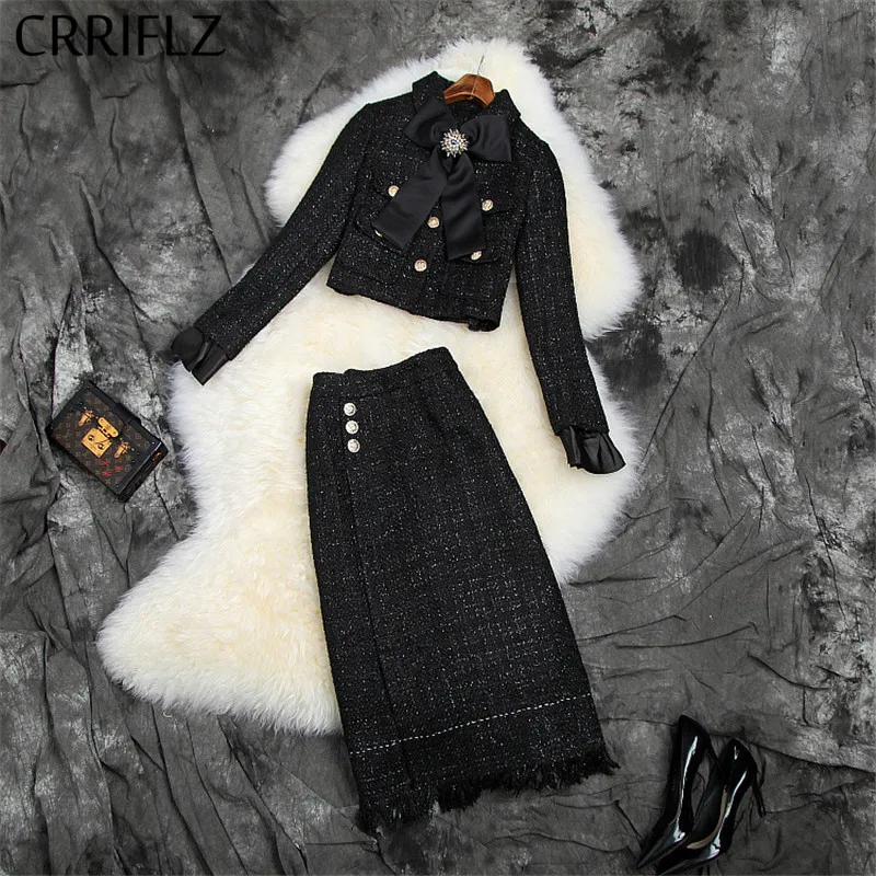 

Winter Women Set Full Sleeve Turn-down Collar Short Jacket Tweed Tassels Hip Skirt 2 Piece Set Women Elegant Patry Dress Set