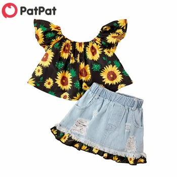 

PatPat 2020 New Summer Baby Fashionable onable Sunflower Top and Denim Skirt Set with Headband for Toddler Girl Dresses Clothes