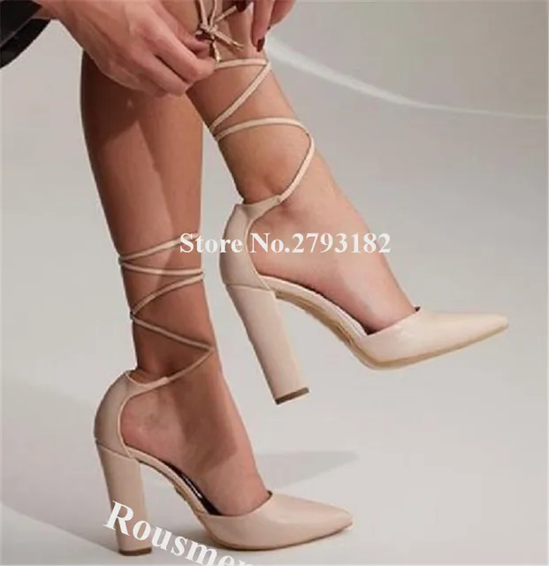 Women Elegant Pointed Toe Chunky Heel Straps Cross Pumps Black Nude Leather  Lace-up Thick High Heels Dress Shoes Big Size - Pumps - AliExpress