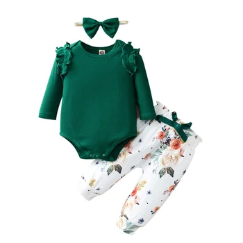 

Kids Girl Romper Spring Autumn Trousers Suit Flower Printed O-Neck Long Sleeve Casual Flouncing Pants Headband 3 Pieces