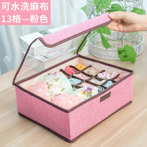 Pink 13 grid Однотонная коробка для хранения нижнего белья носки Короб из льняного материала разделитель ящика для шкаф для одежды Органайзер держатель с крышкой - Цвет: Pink 13 grid