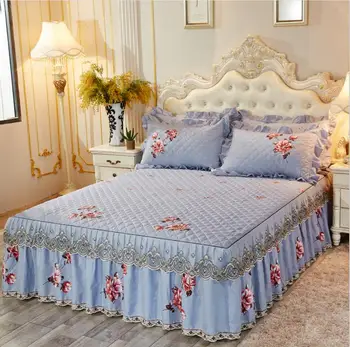 

Blue Luxury Lace Print Bedding Bed Skirt Sets Cotton Korean Soft Thick Princess Bedspread Solid Bed Sheet Linen Pillowcases