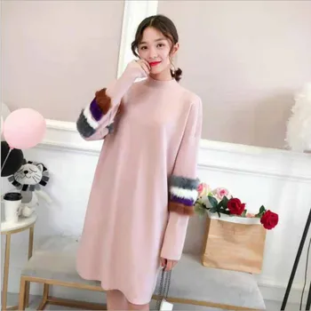 

Faux fur patchwork casual knitted dress women Spliced long sleeve o neck sweater dress Streetwear femme sweater dress