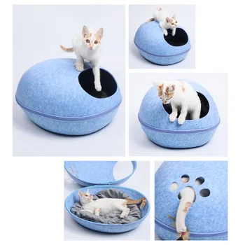 Detachable Cat Bed With Cushion Natural Felt Pet Cave Zipper Breathable Cat House Bed Cat Shelter Bed for Cats Pets Accessories 2