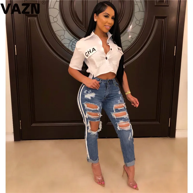 Blue VAZN GHSF12077 женские джинсовые узкие брюки с высокой талией джинсы с прорезями до колена брюки-карандаш рваные, стретч-бойфренд - Color: Blue