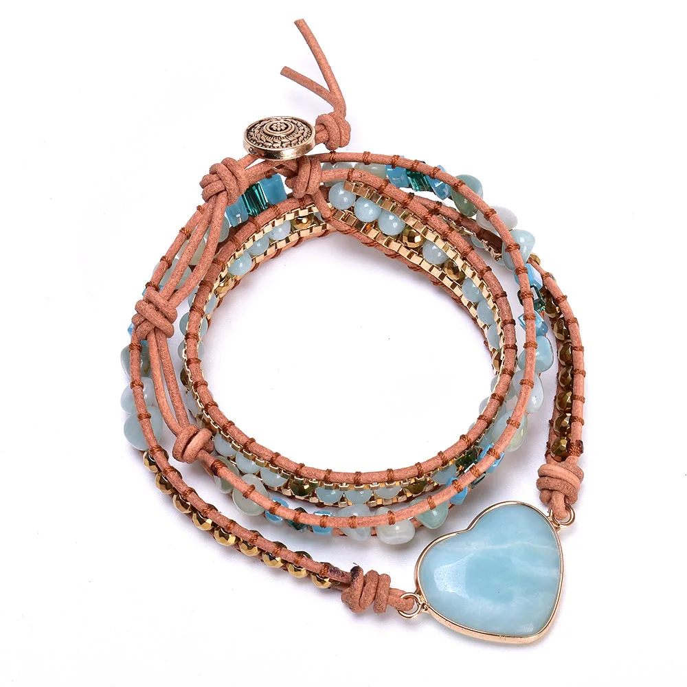 

Unique Handmade Natural Stone Beaded Braided Chain Leather Wrap Bracelet for Women Vintage Weaving Statement Bracelet Gifts
