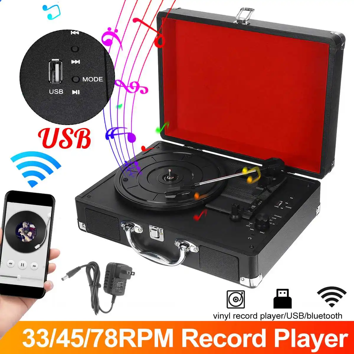Big Sales USB Bluetooth Plastic Wood Retro 33/45/78 RPM Suitcase Turntable Vinyl LP Record Phone Player 3-Speed - Цена: 4 648,73 - 5 815,65 руб.