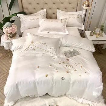 

White Embroidery Satin Bedding Set Cotton Queen King Size Luxury Bed Sheet Duvet Cover Set 4pcs Pillow Covers Bedclothes