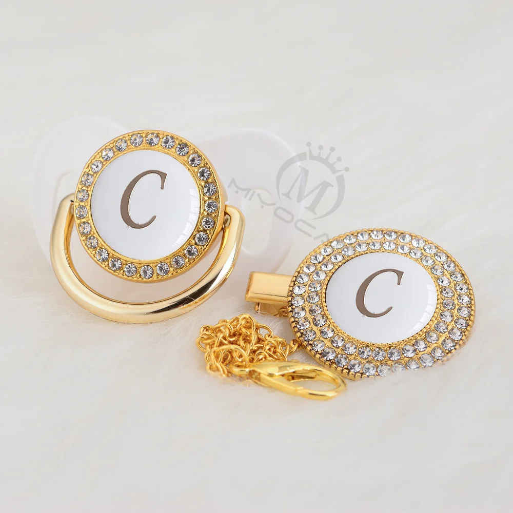 BLING Gold silver name Initials letter C lovely bling pacifier and pacifier clip set BPA free dummy bling elegant LC-W - Цвет: LC-2-W   0-6M