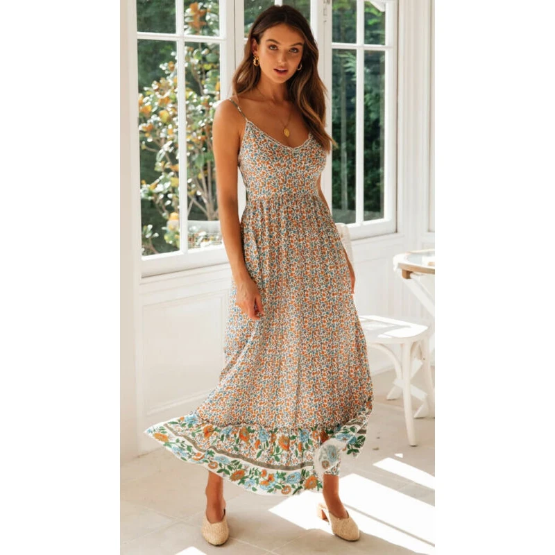 

2020 Women's Strap Dress Floral V Neck Sleeveless Long Boho Maxi Dresses Beach Sundress Fashion