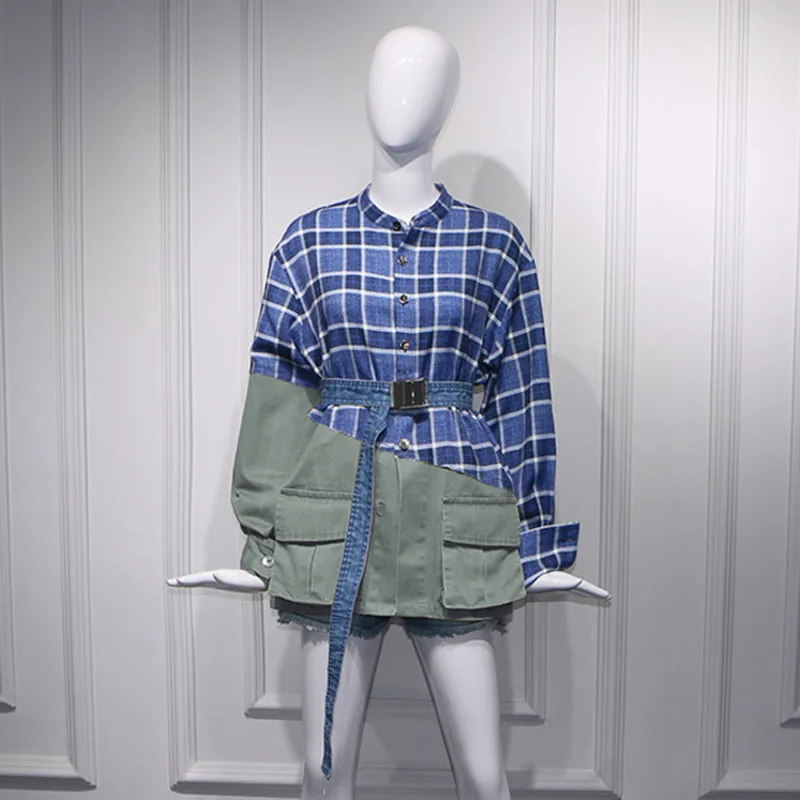 

[EWQ]2019 Spring Autumn High Quality Round Collar Hit Colors Plaid Patchwork Single Breasted Coat Two Piece Set Women Suit AH344