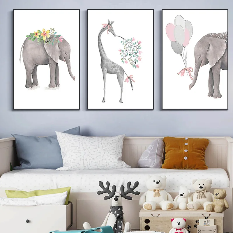 

Elephant Giraffe Squirrel Fox Children's Room Decoration Hanging Painting Animal Print Modern Cartoon Animal Panda Raccoon