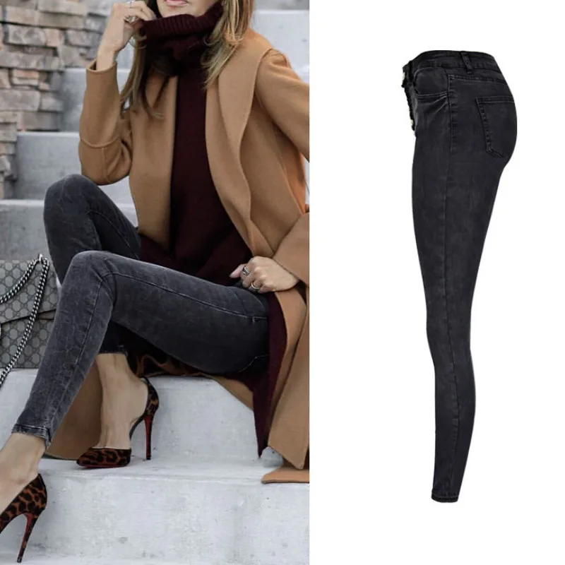 LOGAMI осень зима женские стрейч джинсы пуговицы Джинсовые Брюки Высокая талия узкие джинсы черный