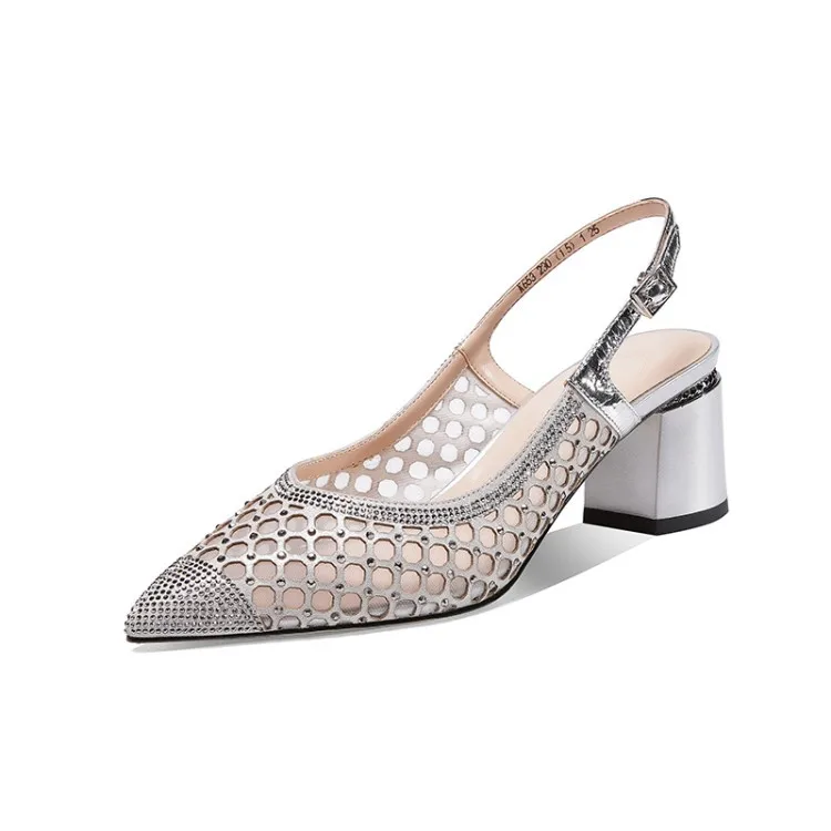 

22020 Spring Comfortable Casual Versatile Pointed Toe Chunky Heel Solid Color Sheepskin Hollow out High-End WOMEN'S Sandals