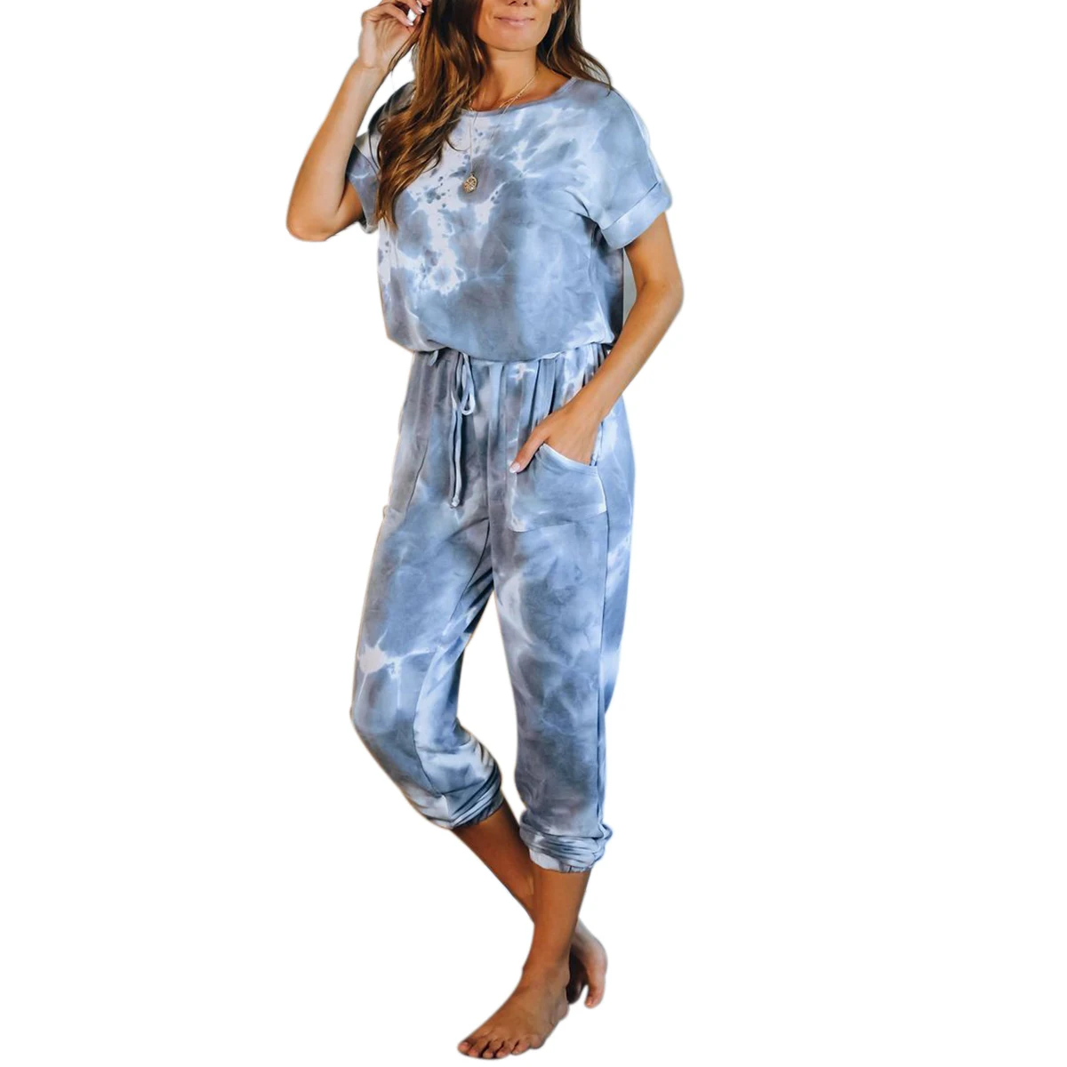 

Women's 2-Piece Suit Tie-dye Short-sleeved Loose Top + Drawstring Elastic Waist Pants Casual Sleepwear Set