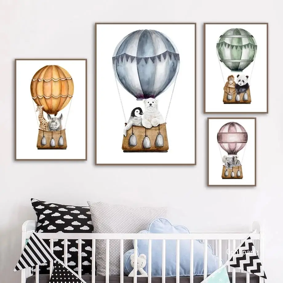 

Hot Air Balloon Giraffe Elephant Zebra Nursery Wall Art Canvas Painting Monkey Posters and Prints Decor Pictures Baby Kids Room