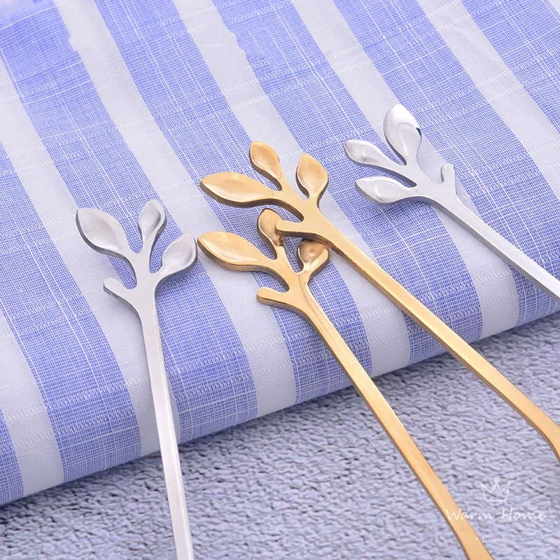 Golden Silver Leaf Spoon Stainless Steel Coffee Spoon Coffee Mixing Spoon Northern Europe Custom Gift Creative Branch Spoon