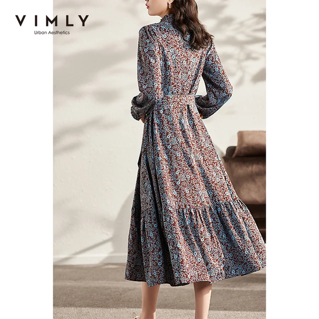 VIMLY Long Sleeve Floral Dress Women 2021 Autumn Elegant Vintage Dresses Office Lady A Line Long Dress Female Vestidos  F8750 4