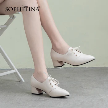 

SOPHITINA New Women's Pumps Concise Pointed Toe Strange Heels High Fashion Shallow Lace- Up Shoes Cow Leather Office Pumps SO309