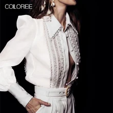 COLOREE, осенняя Новинка, белая, одноцветная, женская блузка, элегантная, с длинным рукавом, в стиле пэчворк, Blusas, высокое качество, тонкий, женский, шикарный топ