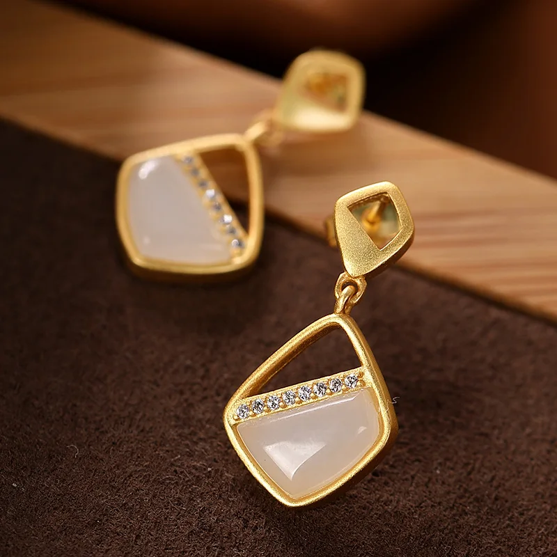 

LATS Real 925 Sterling Silver Gold Plated Drop Earring White Jade Irregular Dangel Earrings for Women 2020 Fine Jewelry Kolczyki