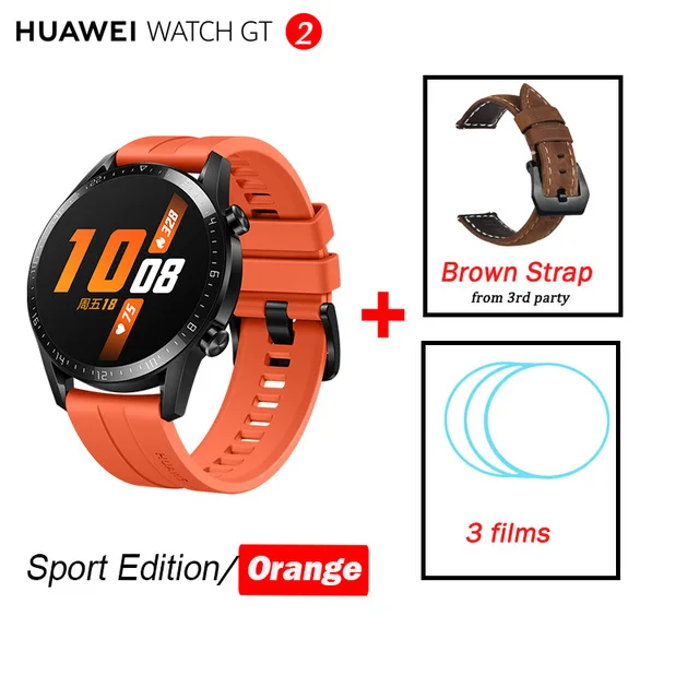 Huawei Watch GT 2, умные часы, измеритель уровня кислорода в крови, spo2, Bluetooth, умные часы, 5,1, для телефонных звонков, трекер сердечного ритма, для Android, iOS - Цвет: Orange n Brown Strap