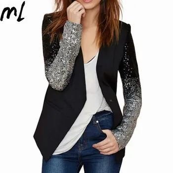 

autumn spring suit Long Sleeve Lapel OL women's small suit Patch work Bling Silver Black Sequin Work Blazers Suit Fashion Coat