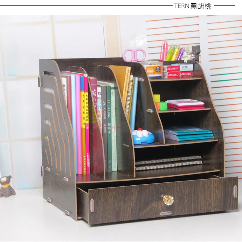 DIY Wooden Document Tray Desktop Multifunction A4 Data Storage Box Pen Pencil File Holder Office Desk Organizer School Supplies - Цвет: Black wood