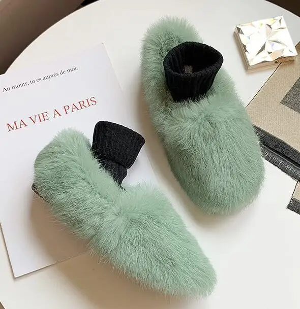 long furry rabbit hair lazy loafers comfortable soft soled casual flats winter luxury fur warm women moccasins slip on loafers - Цвет: Зеленый