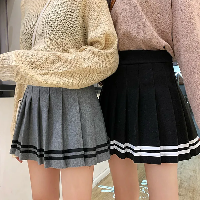 Осенняя и зимняя новая тонкая плиссированная юбка с высокой талией, японская полосатая прошитая юбка-трапеция для женщин