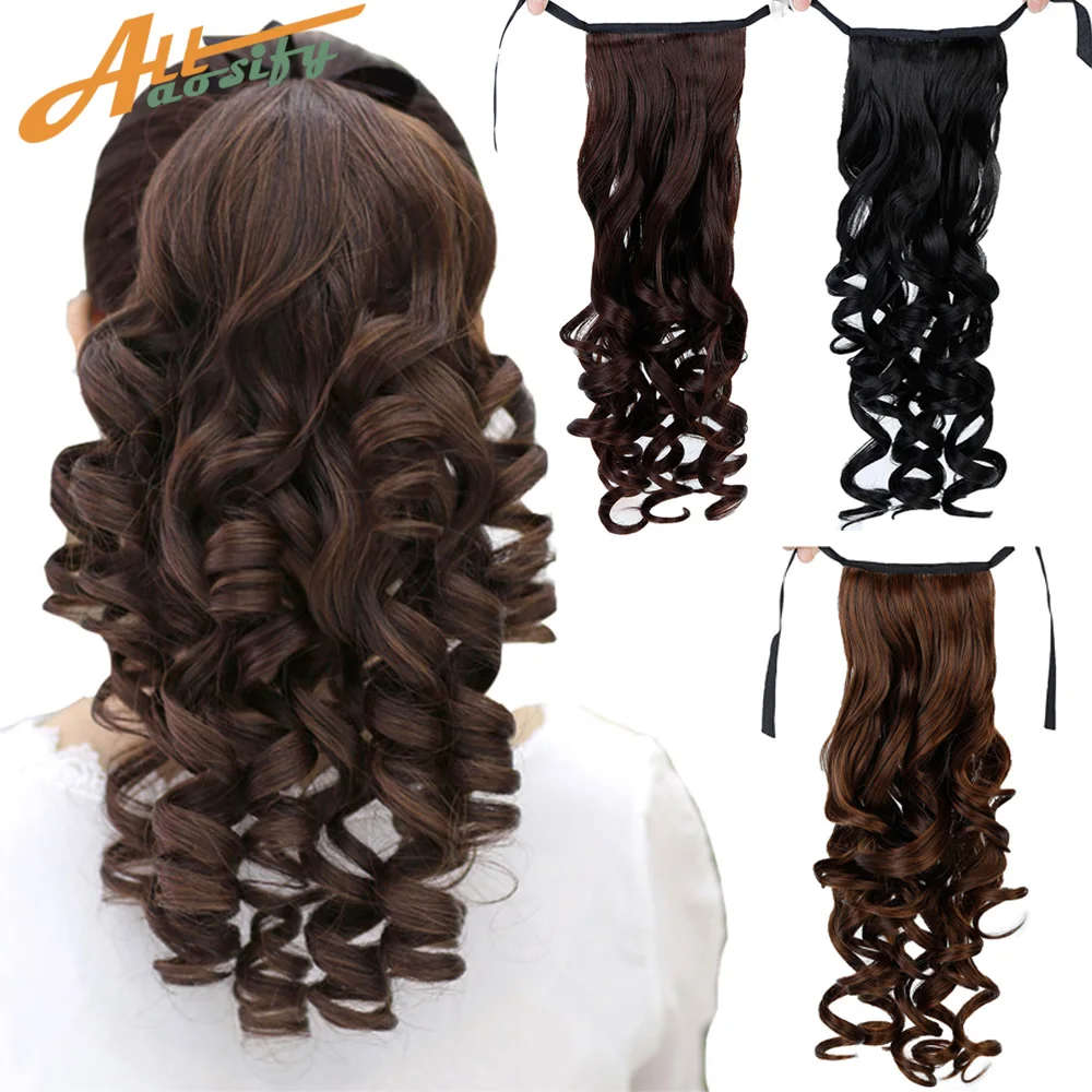 

Allaosify Long Wavy Ponytail Wrap Around Ponytail Clip in Hair Extensions Natural Hairpiece Headwear Synthetic Hair
