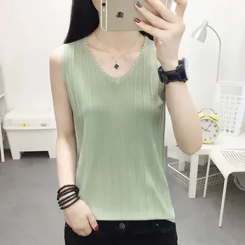 

Spring and summer 2020 new knitted suspender women wear sleeveless slim V-neck T-shirt with bottom coat inside