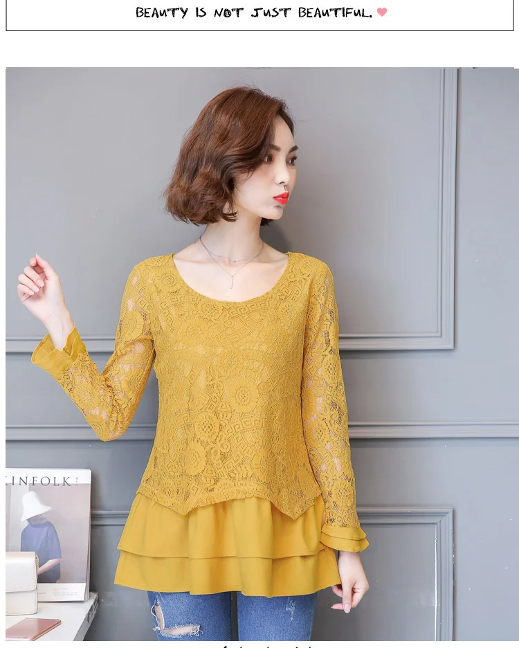 M-5xl, кружевные длинные блузы Mujer, женские, плюс размер, с оборками, в стиле пэчворк, полые Блузки, весна-осень, свободные пуловеры, топы DG163