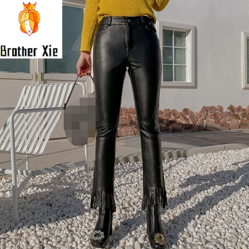 

Autumn Winter Genuine Leather Ankle Length Pants Women Streetwear Slim Fit Tassel Cowhide Flare Pants Fashion Black Trousers