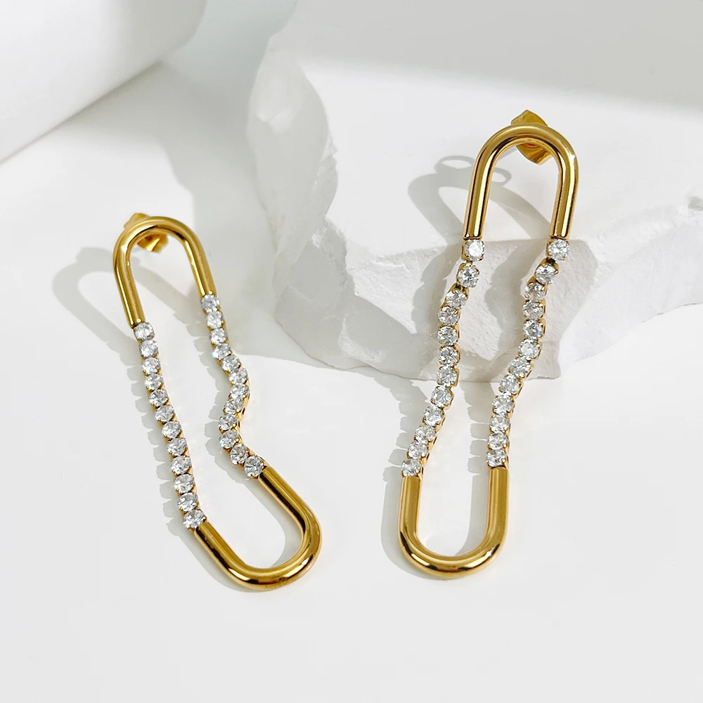 Peri'sBox French Exaggerated Oval U Shaped Long Dangle Earring Geometric Paperclip Zircon Drop Earrings For Women Jewelry - Image 4
