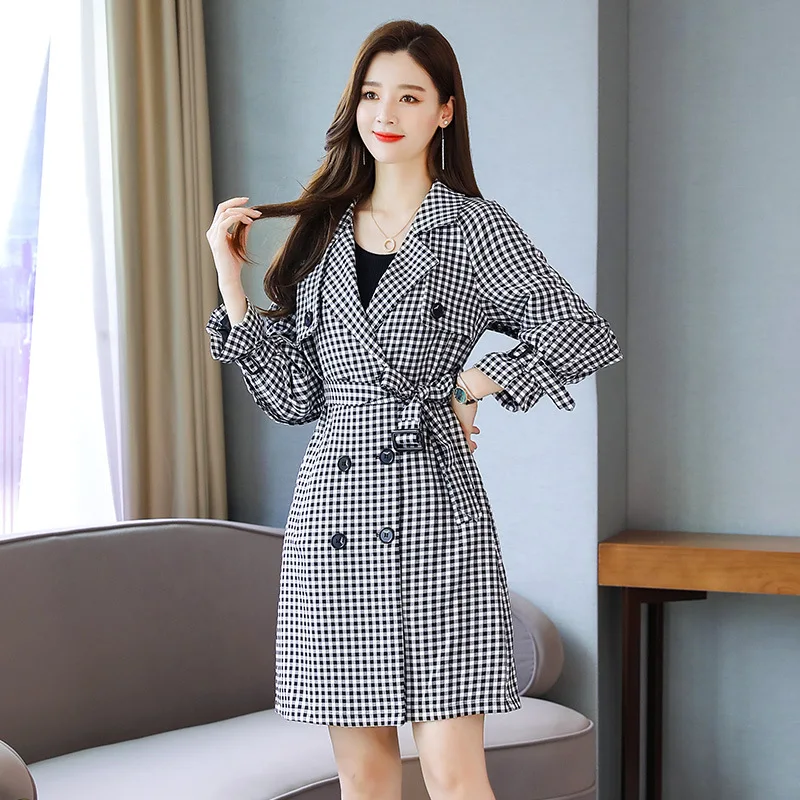 

Autumn Suit Collar Double Breasted Back Black Fungus Flounced Black And White Lattices Trench Coat Women's Long-Sleeve Literatur
