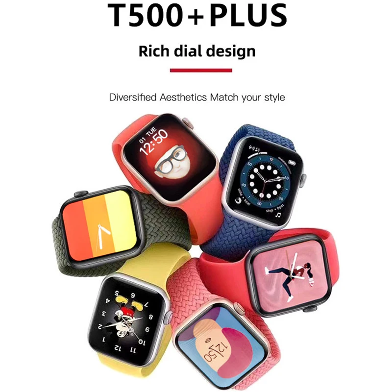 Reloj inteligente T500 Plus para hombre y mujer, pulsera deportiva con pantalla completa, medición de temperatura táctil, frecuencia cardíaca, sangre, diales personalizados