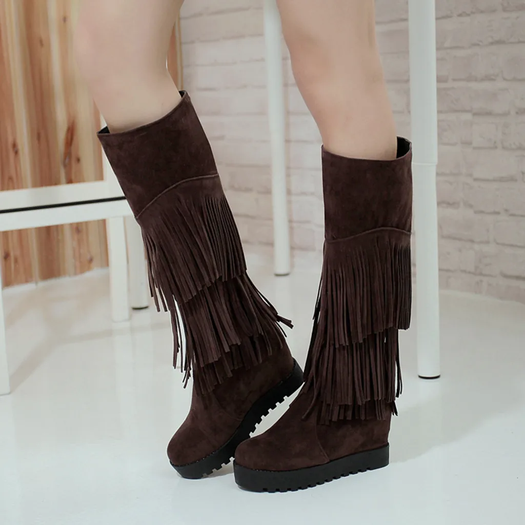SAGACE Western Long Tassel Boots Women Winter Knee-High Boot Lady Vintage Rome Style Low Heel Shoes Suede Fringe Knight Botas