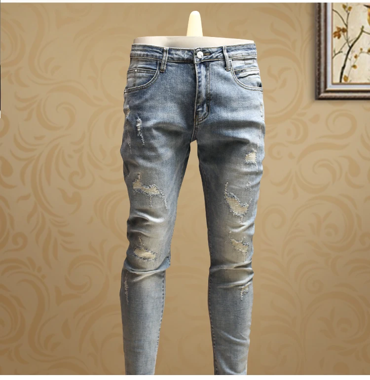Уличная одежда для мужчин s Узкие рваные джинсы светильник синие легкие джинсы брюки для мужчин