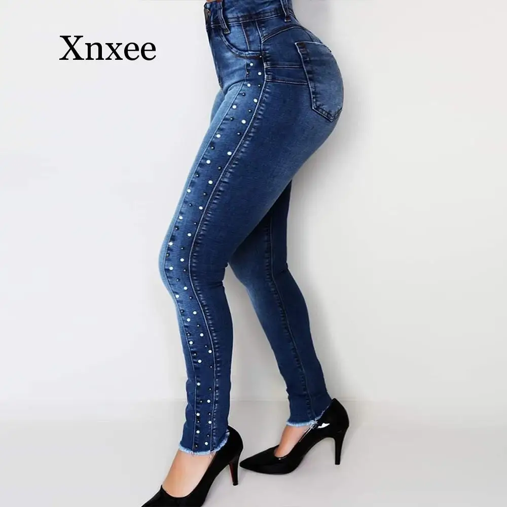 

Dark Blue High Waist Jeans Woman Embroidered Flares Ladies Skinny Denim Trousers Retro Women Ripped Jeans Pencil Pants Jeans