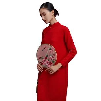 

Chinese Style Women Dress Long Sleeve Solid Vintage Elegant 100% Wool Autumn Warm Mid Dresses