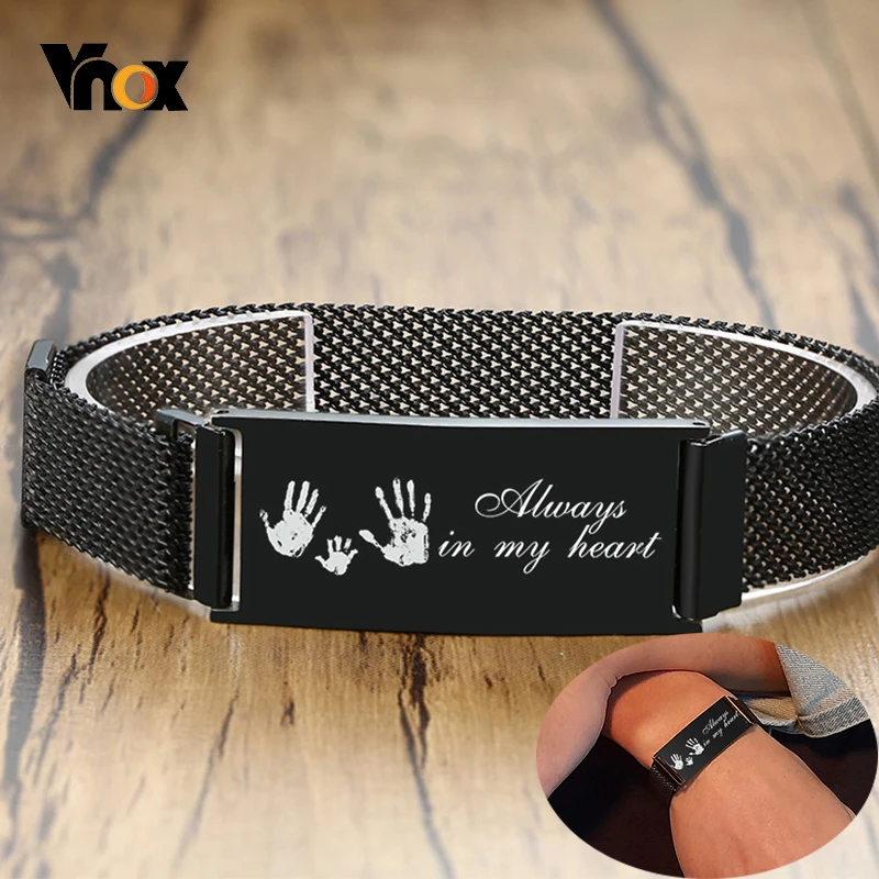 

Vnox Men Stainless Steel Stretch Mesh ID Bracelets Custom Jewelry With Magnetic Buckle Free Personalize Engrave Fits Any Wrist