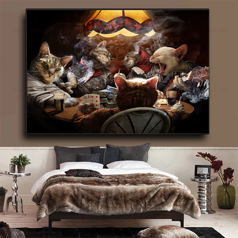 Cat Dog Poker Smoking Fun Drinking Canvas Posters and Prints Animal Canvas Painting Wall Art Game Playing Cards Romm Decoration