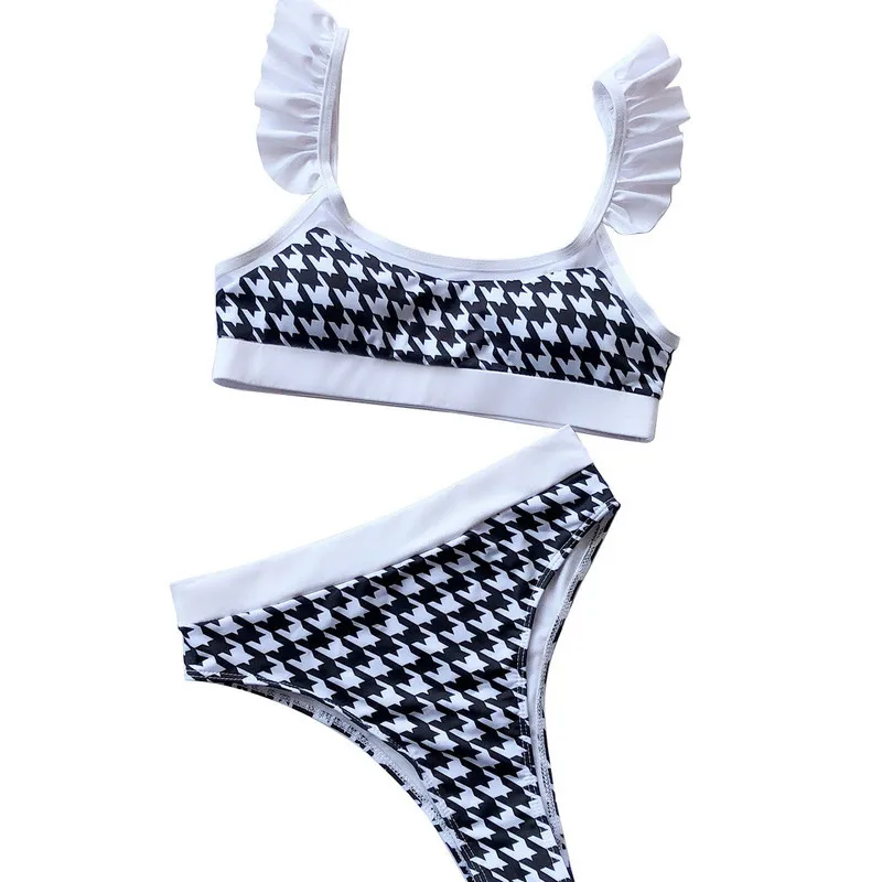 Bikinis 2020 Women Padded Push-up Bra Bikini Set Ruffles Houndstooth Swimsuit High Waist Swim Maillot De Bain Biquinis Femme